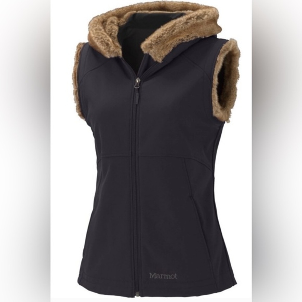 Marmot Black Furlong Softshell Faux Fur Lined Hood and Arm Holes Vest Sz Med